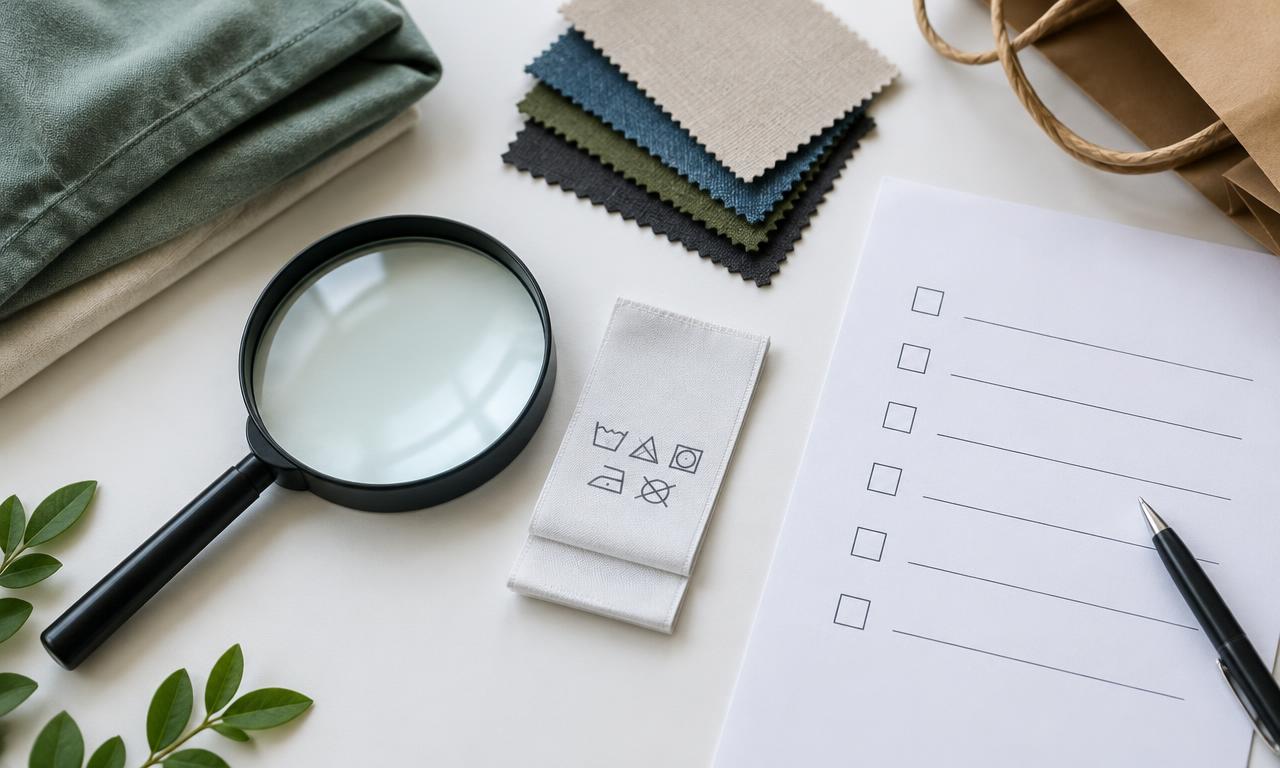 Fabric samples, a care label and a shopping checklist