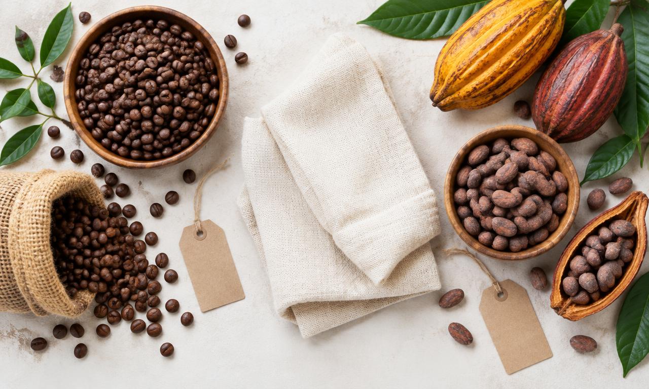 Coffee beans, cocoa pods and a cotton cloth