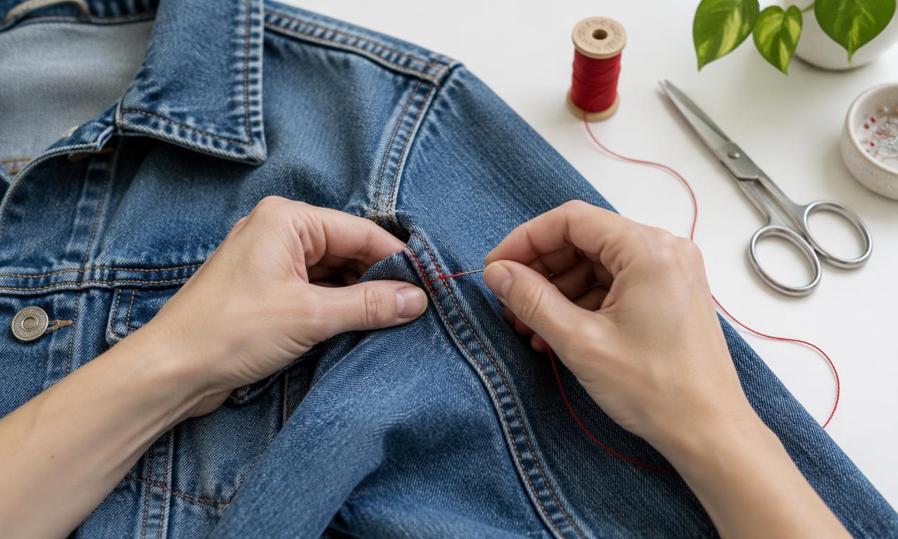 Hands repairing the seam of a denim jacket