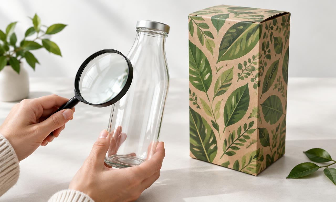 Plain reusable bottle beside leaf-decorated packaging