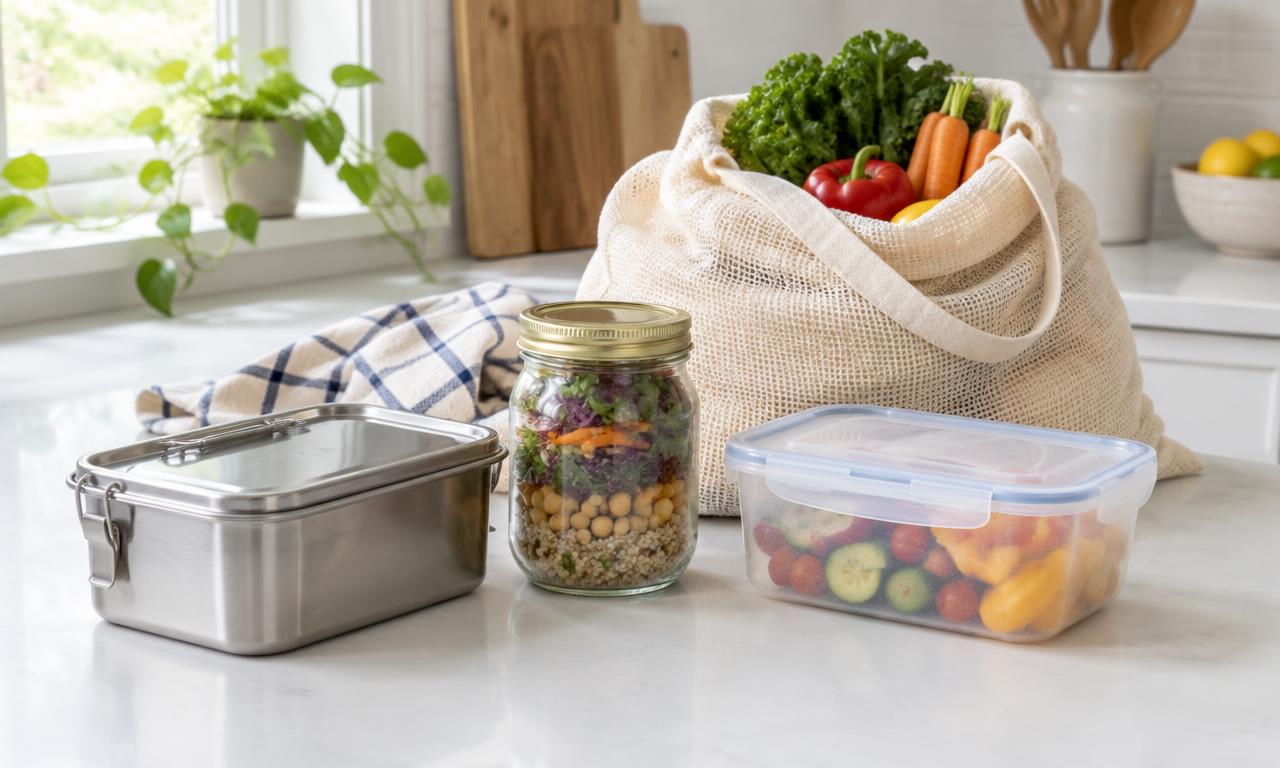 Reusable lunch containers, a jar and a cloth shopping bag