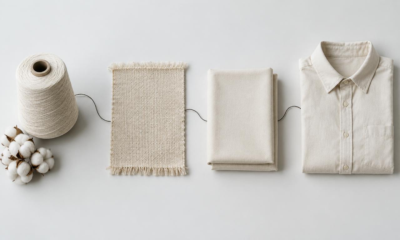 Cotton, yarn, fabric and a shirt arranged as stages in a supply chain
