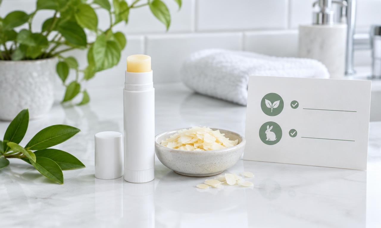 Unbranded lip balm, wax flakes and an illustrative ingredient-policy checklist
