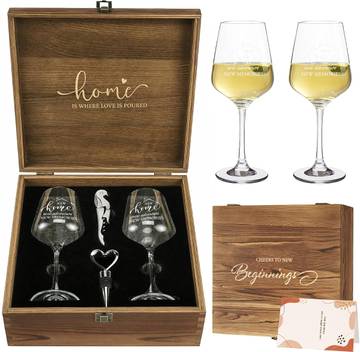 House Warming Gifts New Home Wine Glasses with Wood Keepsake Box