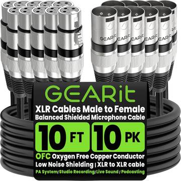 GEARit 22AWG OFC XLR Cables 10 FT 10-Pack Male to Female for Live Bands