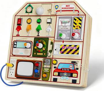 JAUNTY Montessori Wooden Busy Board for Toddlers 3 4 5 Years Old, Wooden Sensory Toddler Toys with LED Light Switches, TV Radio Telegram and Car Driving, Travel Toys Birthday for Boys Girls