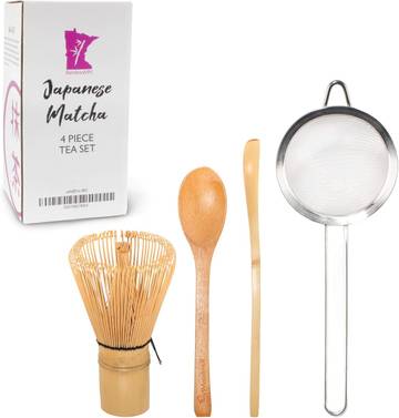 BambooMN Japanese Matcha Tea Set - Chasen + Strainer + Spoon + Scoop