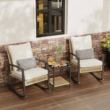 Patio Furniture Set 3 Pieces, Outdoor Wicker Rocking Bistro Set with Tempered Glass Coffee Table and Thick Cushions, Front Porch Chairs for Garden, Backyard, Poolside (Beige)