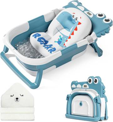 MoreFeel Collapsible Baby Bathtub for Newborn with Thermometer & 1 Hooded Towel & 1 Soft Floating Cushion