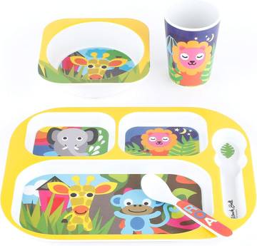 French Bull Toddler Kids Feeding Melamine Tableware Dinnerware Flatware BPA Free Dishwasher Safe, Durable Plate, Cup, Bowl, Divided Tray Dinnerware Set - Jungle, 4 Piece Set