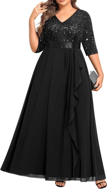 Talisea Women Plus Size Sequin Formal Evening Gown V-Neck Ruffle Maxi Dress