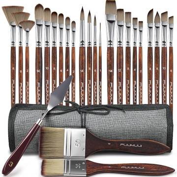 Fuelinkii 25pcs Paint Brush Set, Professional 9 Shapes with Wide Flat, Filbert, Fan, Dagger, Cat Tongue, Round, Angle, Rigger for Acrylic Oil Watercolor | Includes Palette Knife & Waterproof Canvas Roll