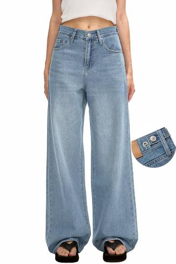 Women's Adjustable Waist Baggy Jeans with Snap-Button Waistband