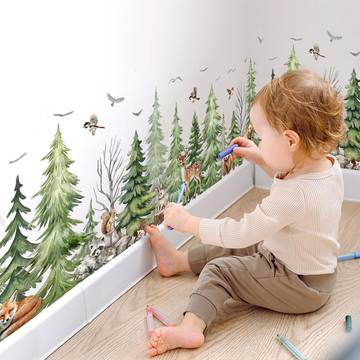Flexible Abstract Kids Wall Mural Sticker Decal Removable Wall Art for Bedroom Nursery Toy Room Playroom Nursery Decor 3D Peel and Stick Wallpaper Design in Colours of Forest with Animals