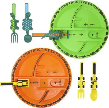 Littleone 6-Piece Kids Plates & Utensils Set - Dinosaur Construction Designs