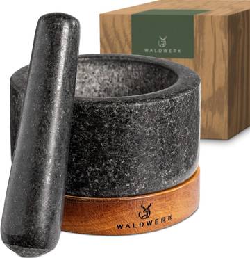 EcoCared Marble Mortar and Pestle Set with Acacia Wood Base