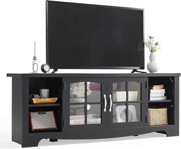 HavenlyYouth Rustic Solid Wood Entertainment Center w/ FSC Certified Plywood, Industrial Style TV Console with Shelves for Home Office, Living Room, Black