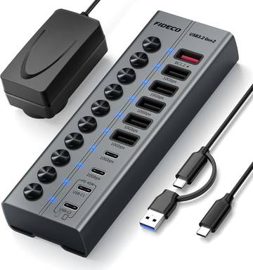 FIDECO 7-Port 72W Powered USB Hub with PD 45W Charging