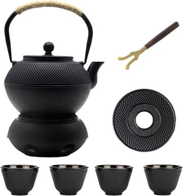 YJX 40.6oz Cast Iron Teapot Set with Warmer, Japanese Tea Set for Stovetop