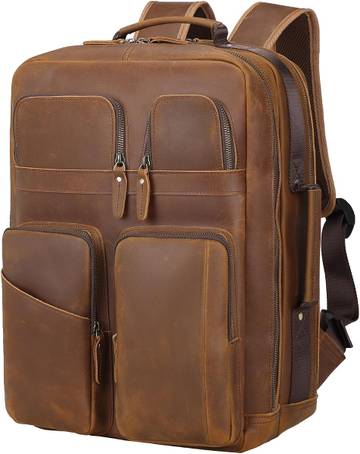 TIDING Brown Full Grain Leather 17.3 Inch Laptop Travel Backpack
