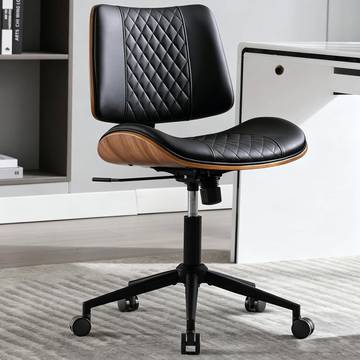Home Office Chair No Arms with Wheels, Mid Back Walnut Style, Black