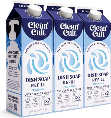 Cleancult Dish Soap Liquid Refill (32oz, 3 Pack) - Plant Based Cleaning Power - Dish Soap that Cuts Grease & Grime - Free of Harsh Chemicals - Uses 90% Less Plastic - Fresh Rain