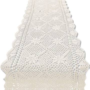 KEPSWET 14x60 inch Beige Cotton Crochet Rectangular Handmade Table Runner