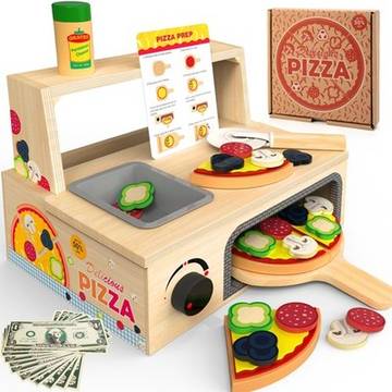 Wooden Pizza Toy, 48 PCS Montessori Pretend Play Food