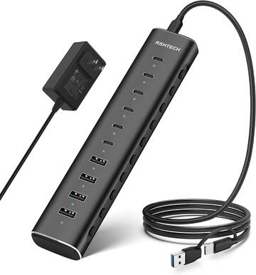 RSHTECH 10-Port Powered USB 3.2 Hub 60W with 10Gbps USB 3.2 Ports