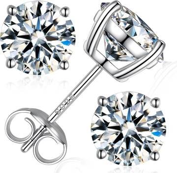 Moissanite Stud Earrings, Round Cut D Color VVS1 Clarity Lab Created Moissanite Earrings Studs 18K White Gold Plated 925 Sterling Silver Jewelry for Women Men