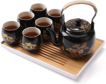 Black Porcelain Tea Set with Teapot, 6 Cups, and Tea Tray