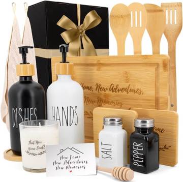 Little Banana House Warming Gifts New Home – Home Essentials for New Home Gift Set Includes Scented Candle, Bamboo Cutting Board, Soap Set, Towels, Salt and Pepper Shaker – Luxury New Home Must Haves