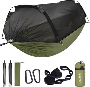 YAHill Double Hammock with Mosquito Net & Stand, 550lb Capacity, Gray