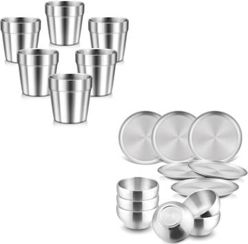HaWare 18 Pieces Kids Dinnerware Set, Stainless Steel Tableware Set Include Kids Plates, Bowls and Metal Cups, Durable Metal Dish Set for Home Picnic Camping, Dishwasher Safe