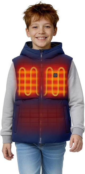 Kids' 4-Zone Heated Down Vest, Boys’ and Girls’ Hooded Vest
