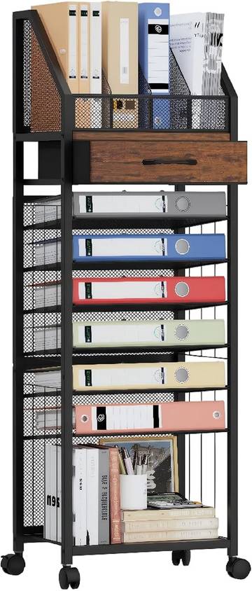 SWTYMIKI 9-Tier Rolling File Cart - Paper Organizer with Drawer and Trays