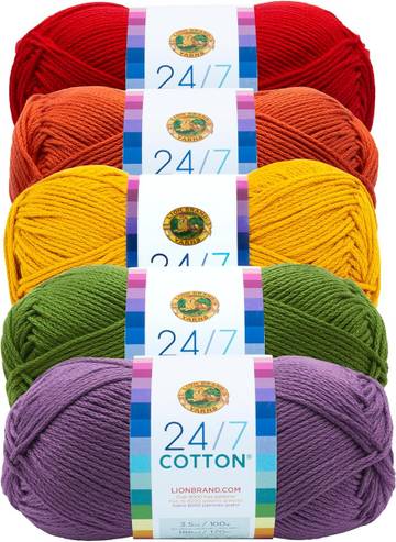 Lion Brand Yarn, 24/7 Cotton Mercerized Lightweight Yarn for Knitting, Crochet, and Crafts, Marquee, 5 Pack, Multicolor Pack of Natural Fiber for Breathable Tops, Durable Bags, and Dish Cloths