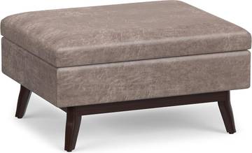 SIMPLIHOME Owen 34" Wide Vegan Leather Lift Top Ottoman in Grey Taupe