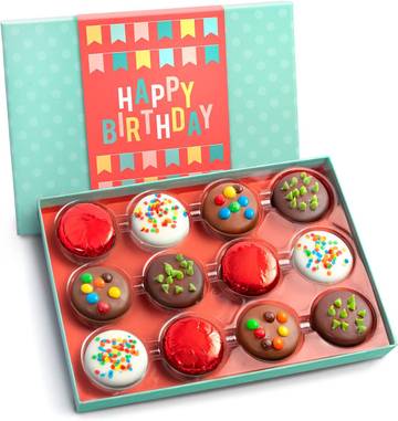 A Gift Inside Birthday Chocolate Gift - 12 Chocolate Covered Oreos with Festive Designs & Sprinkles, Gourmet Chocolate Cookie Birthday Treats