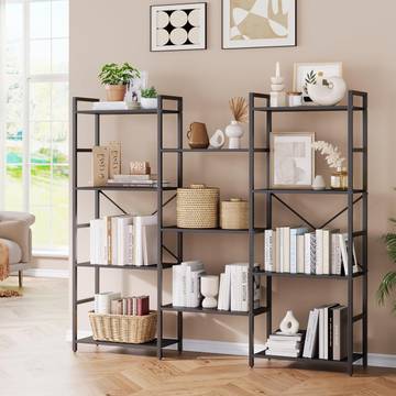 Adjustable Shelf Unit Storage Bookcase, Rustic Wooden Bookcase with Shelves, Industrial Home Office Bookshelf, Beige