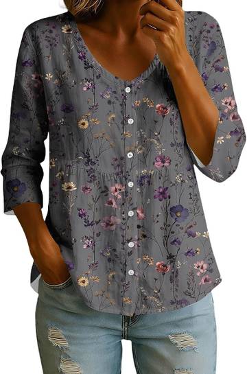 Women's Linen Hemp Blend Shirt Three Quarter Sleeve Loose Fit Button Jacket Blouse for Office Travel Daily Wear