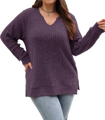 Womens Plus Size Tops Long Sleeve V Neck Sweaters Loose Tunics L-4XL