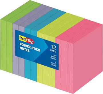 Redi-Tag Power Stick Notes, 3x3, Assorted Bright Colors, 12 Pack