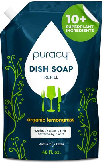 Puracy throws out harmful chemicals to make a plant-based, allergen-friendly, biodegradable, and septic-safe dish soap that gently cleans without stripping off essential oils. It's perfect for those with sensitive skin or allergies.