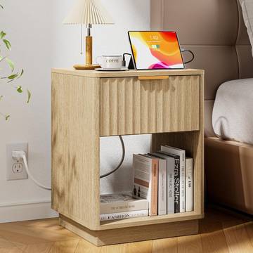 YaFiti Natural Oak FSC Certified Fluted Nightstand with Charging Station