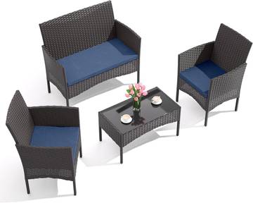 Outdoor Patio Furniture Set - 4 Piece Wicker Rattan Chairs & Sofa with Cushions and Glass Coffee Table, for Backyard, Lawn, Porch, Pool, Garden (Navy-2)
