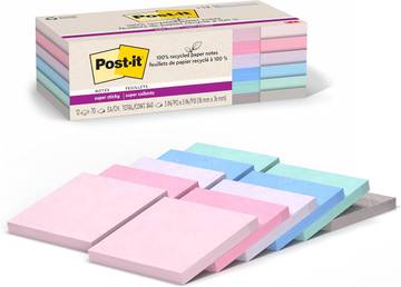 Post-it 100% Recycled Paper Super Sticky Notes, 3x3 in, 12 Pads/Pack, 70 Sheets/Pad, Wanderlust Pastels Collection