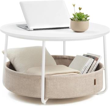 FSC-Certified Round Coffee Table with Fabric Basket Storage
