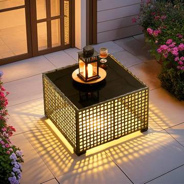 GrebeeCo Outdoor Side Table with Built-in Planter Box, Rattan Bamboo Table with Cushioned Chair, 36"L x 24"W x 28"H, Rustic Grey and White