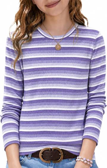 Girls Long Sleeve Shirts Kids Crewneck 2026 Fall Striped Tops 5-16 Years